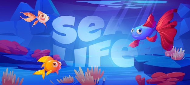 Bannière de dessin animé de la vie marine avec de mignons poissons tropicaux