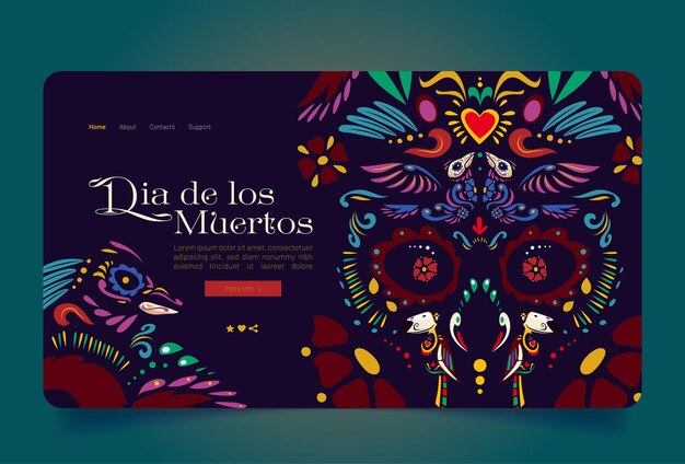 Bannière Dia de los Muertos avec motif fantaisie de crâne avec fleurs, coeur et oiseaux. Page de destination vectorielle du jour des morts au Mexique avec illustration de dessin animé d'imprimés ethniques mexicains traditionnels