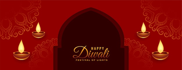 Bannière Du Festival Joyeux Diwali Dans La Conception De Couleur Rouge