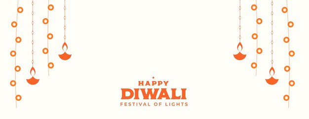 bannière du festival joyeux diwali avec motif diya suspendu