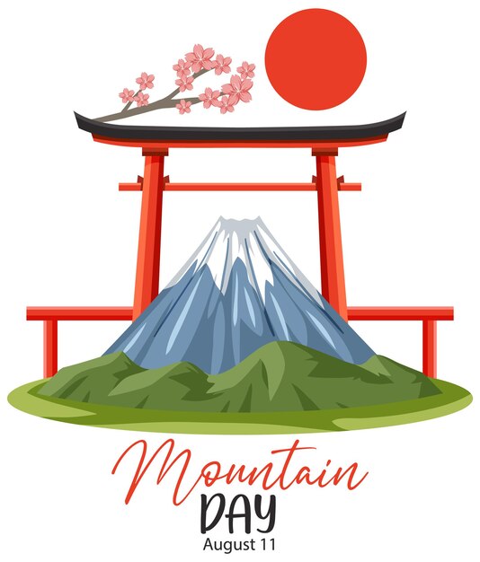 Bannière du jour de la montagne au Japon avec le mont Fuji et la porte Torii