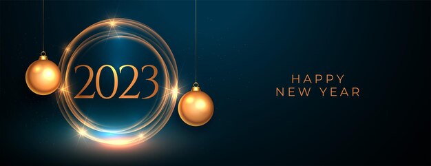 Bannière du nouvel an 2023 avec cadre lumineux et boule de noël