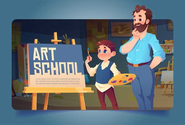 Bannière d'école d'art avec un garçon dessinant sur toile