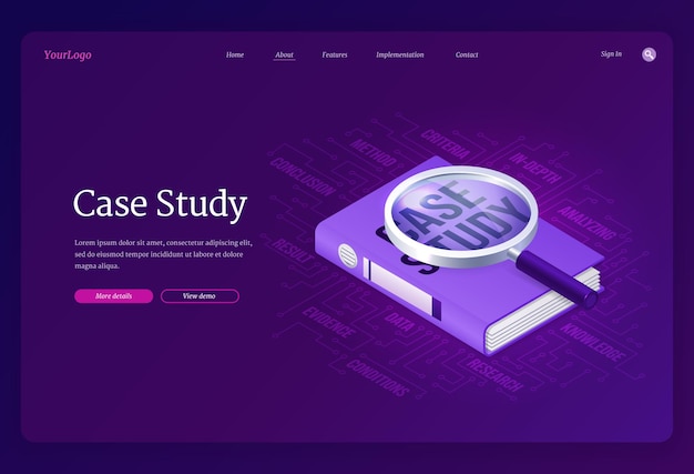 Vecteur gratuit bannière d'étude de cas. concept d'informations commerciales de recherche et d'analyse. modèle de page de destination