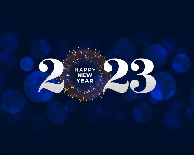 Bannière d'événement du nouvel an 2023 avec feu d'artifice en illustration vectorielle de fond effet bokeh