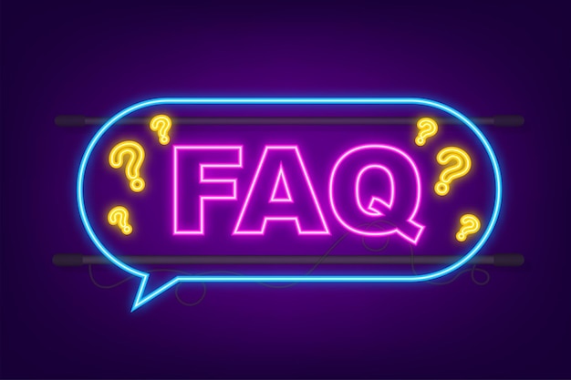 Bannière faq des questions fréquemment posées. icône néon. ordinateur avec des icônes de question. illustration vectorielle.