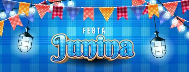 Bannière Festa junina avec lumières de fête et lanterne en papier