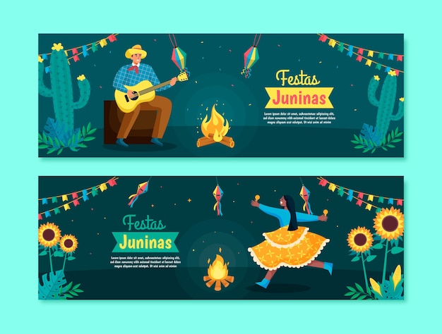 Vecteur gratuit bannière de festas juninas dessinée à la main avec un homme jouant de la guitare