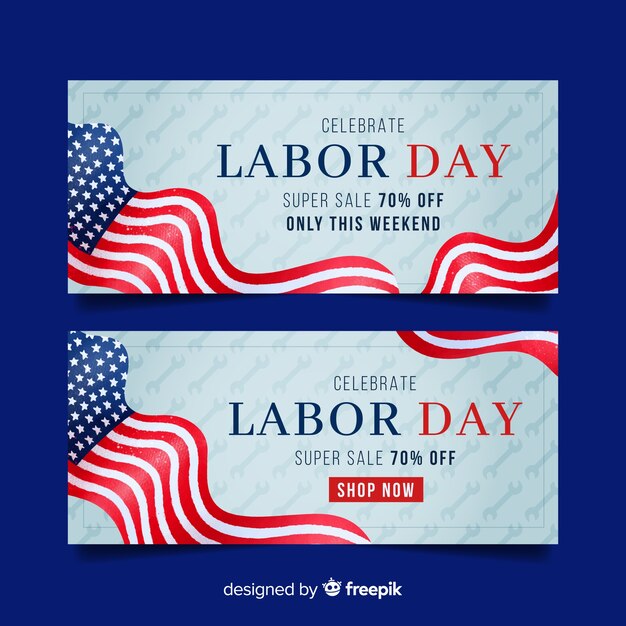 Bannière de la fête du travail pour les ventes avec drapeau américain
