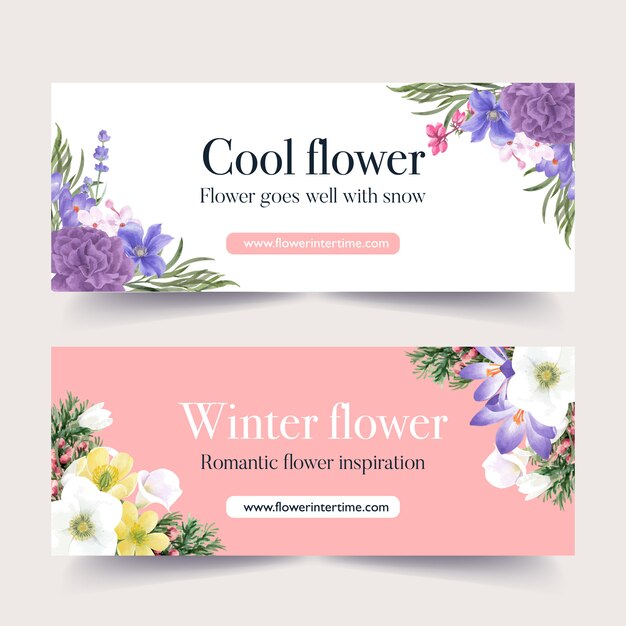 Vecteur gratuit bannière de floraison hivernale avec pivoine, coronarius, galanthus