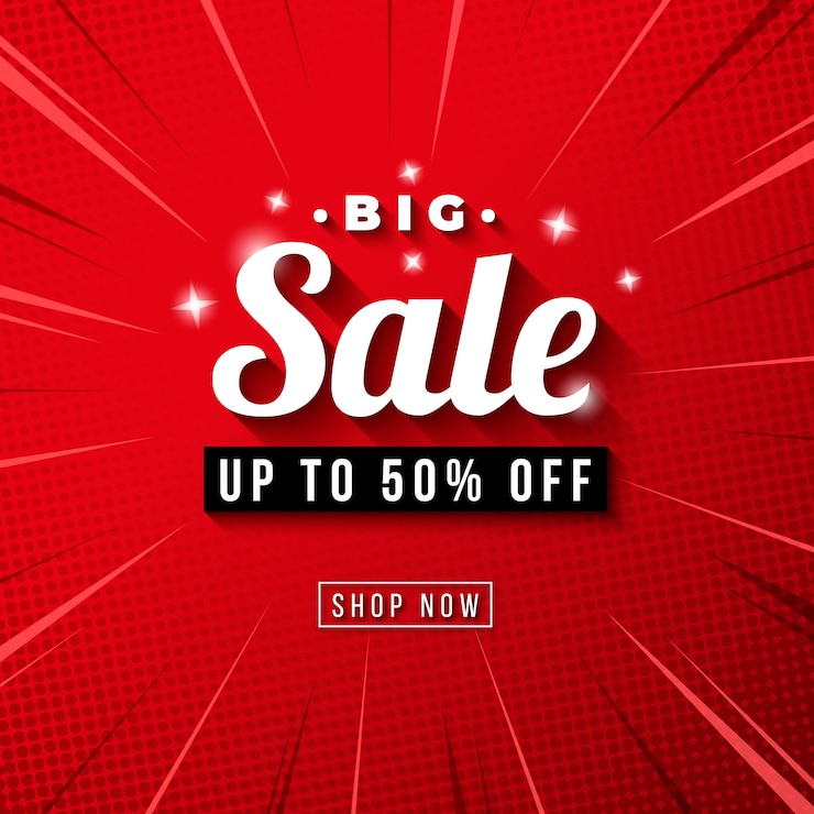 Vecteur gratuit bannière de grande vente avec fond zoom rouge bande dessinée