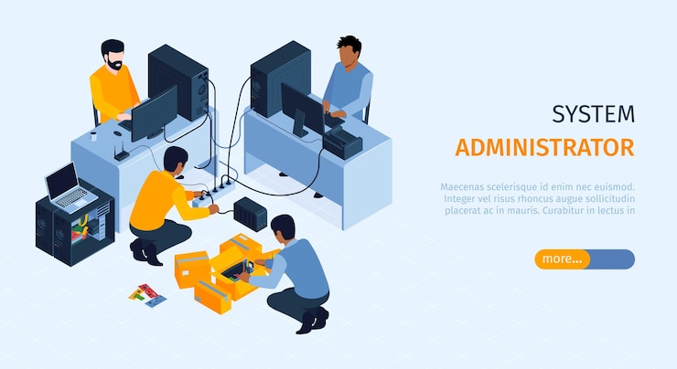 Vecteur gratuit bannière horizontale de l'administrateur système avec symboles d'utilisateurs connectés illustration vectorielle isométrique