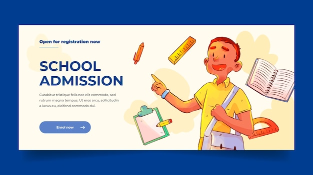 Vecteur gratuit bannière horizontale d'admission à l'école dessinée à la main