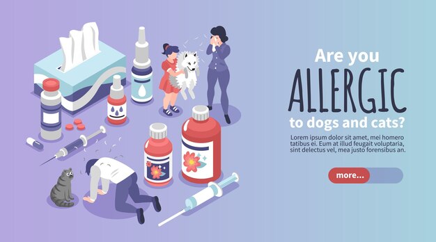 Vecteur gratuit bannière horizontale d'allergie isométrique avec texte modifiable plus bouton et icônes de médicaments avec illustration vectorielle d'animaux allergènes