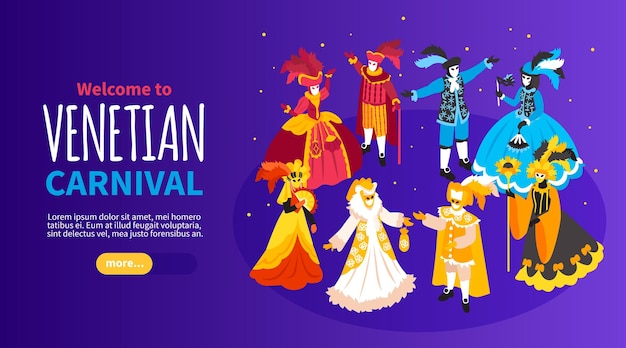Vecteur gratuit bannière horizontale de carnaval de costumes vénitiens isométriques avec texte modifiable et plus de bouton avec illustration vectorielle de personnages humains festifs