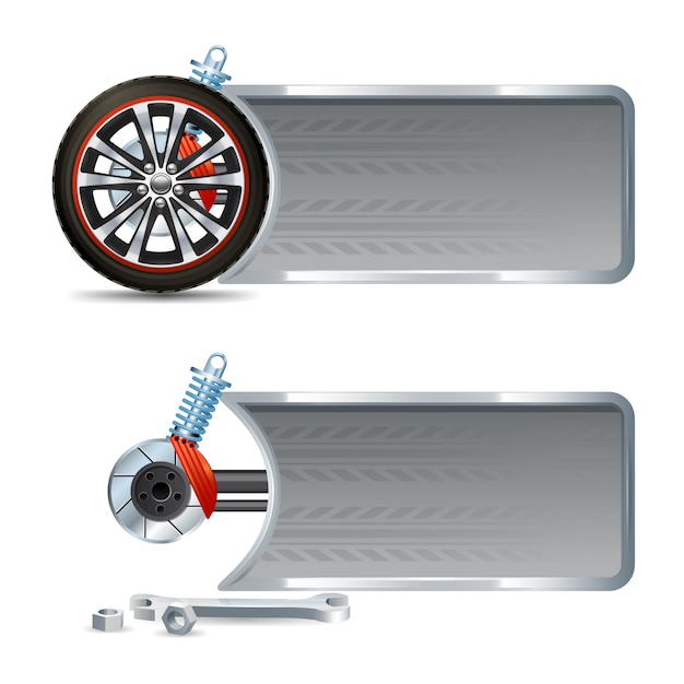 Vecteur gratuit bannière horizontale de course sertie de roues réaliste pneu et réparation de voiture éléments isolés illustration vectorielle