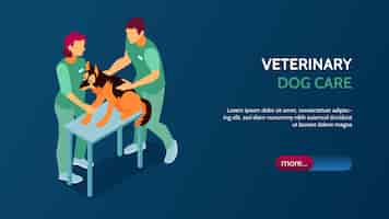 Vecteur gratuit bannière horizontale isométrique de clinique vétérinaire avec deux vétérinaires examinant un chien 3d