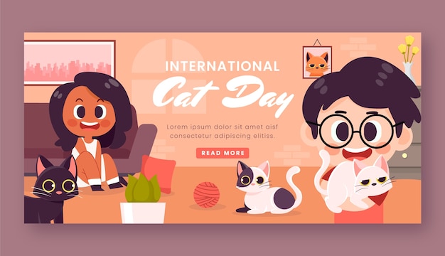 Vecteur gratuit bannière horizontale de la journée internationale du chat dessinée à la main