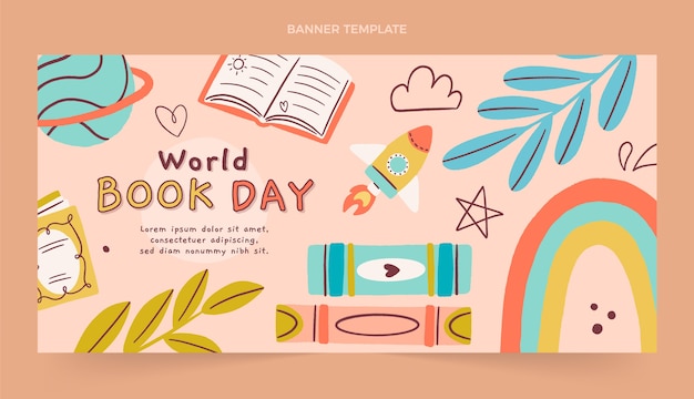 Vecteur gratuit bannière horizontale de la journée mondiale du livre plat