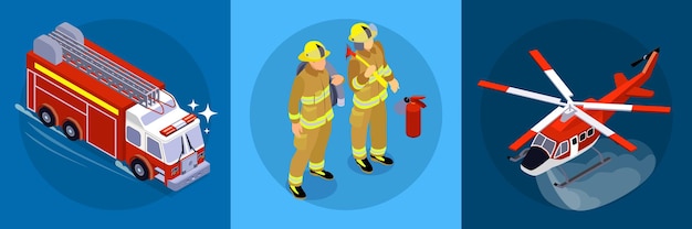 Bannière Horizontale De Lutte Contre Les Incendies Composée De Trois Parties Carrées Avec Illustration D'icônes Isométrique Avion Pompier Pompiers Vecteur gratuit