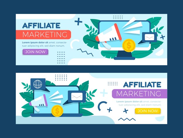 Bannière horizontale de marketing d'affiliation design plat