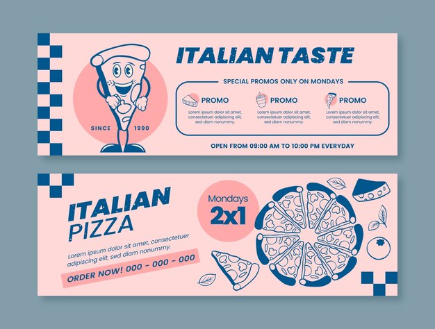 Bannière horizontale de restaurant de pizza dessiné à la main