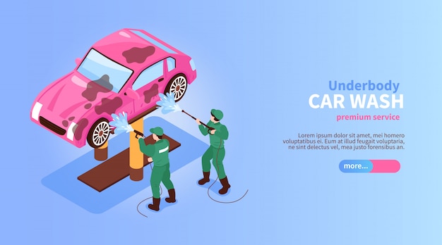 Bannière horizontale de services de lavage de voiture isométrique avec des personnages de travailleurs pulvérisant le bouton de curseur de voiture et illustration vectorielle de texte