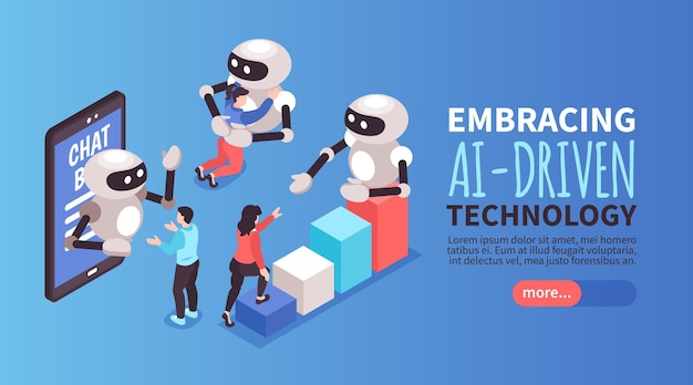 Bannière horizontale des tendances de consommation mondiales de couleur isométrique avec le titre de la technologie basée sur l'IA