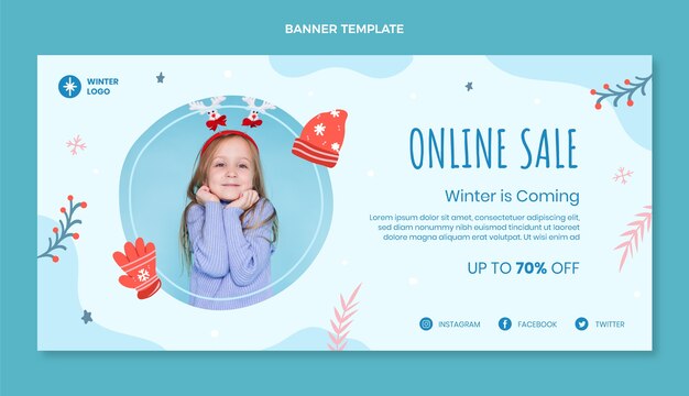 Bannière horizontale de vente d'hiver dessinés à la main