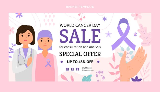 Bannière horizontale de vente de journée mondiale du cancer plat