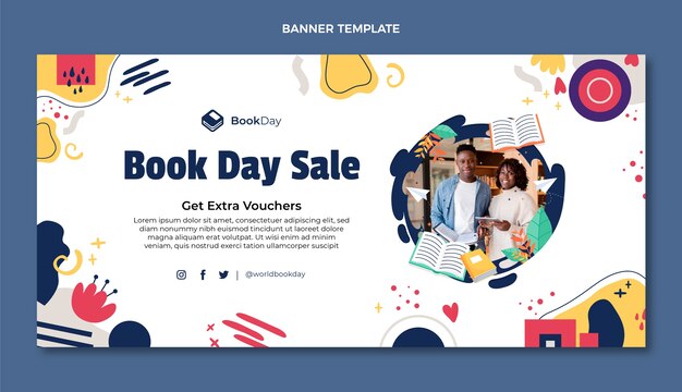 Vecteur gratuit bannière horizontale de vente de la journée mondiale du livre plat