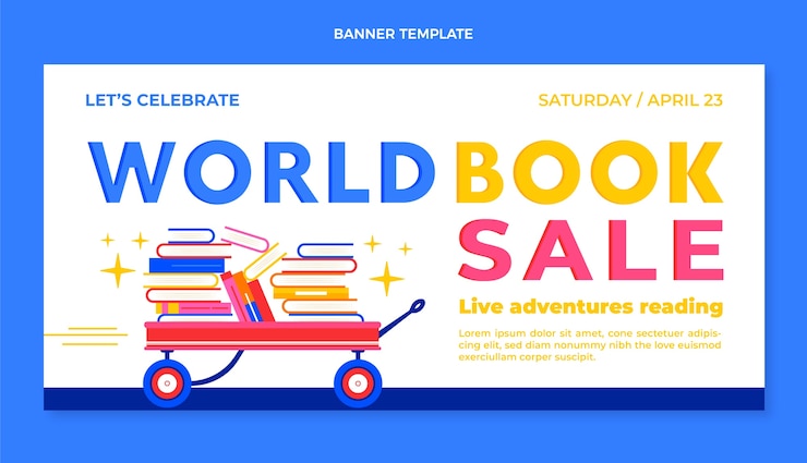 Vecteur gratuit bannière horizontale de vente de la journée mondiale du livre plat