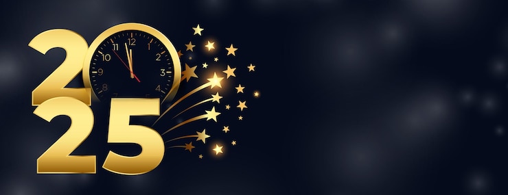 Vecteur gratuit bannière d'horloge d'or de l'année nouvelle 2025 avec des étoiles éclatantes