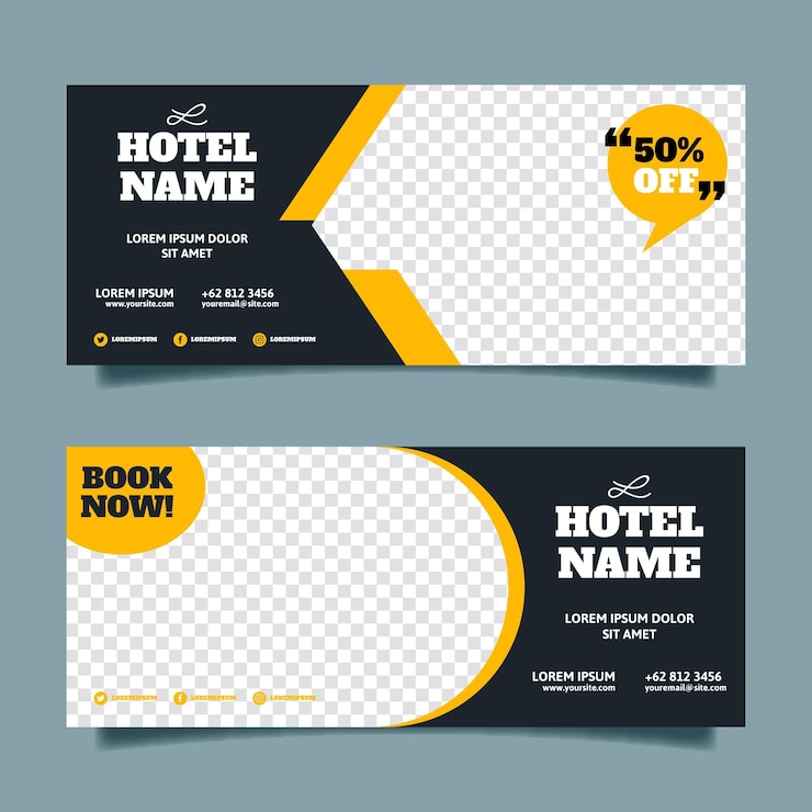 Vecteur gratuit bannière d'hôtel plat avec espace transparent