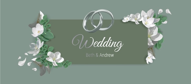 Une bannière d'invitation de mariage avec des anneaux d'argent