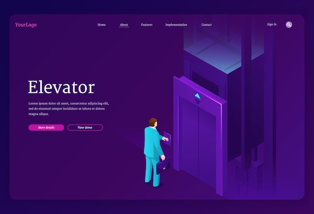 Bannière isométrique d'ascenseur avec personnage d'homme d'affaires