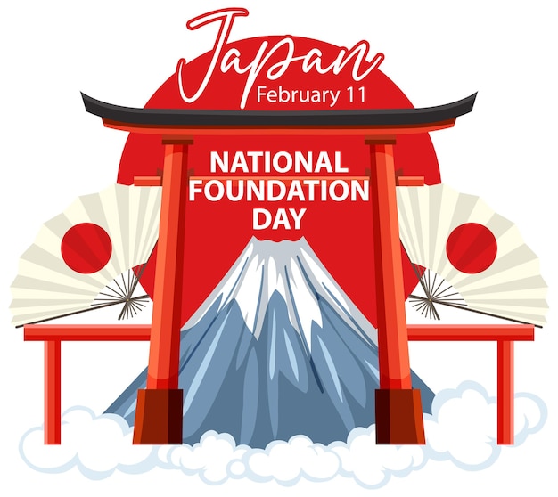 Vecteur gratuit bannière de la journée nationale de la fondation japonaise avec la porte torii et le mont fuji