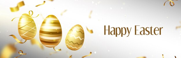 Bannière de Joyeuses Pâques avec des oeufs d'or et des confettis