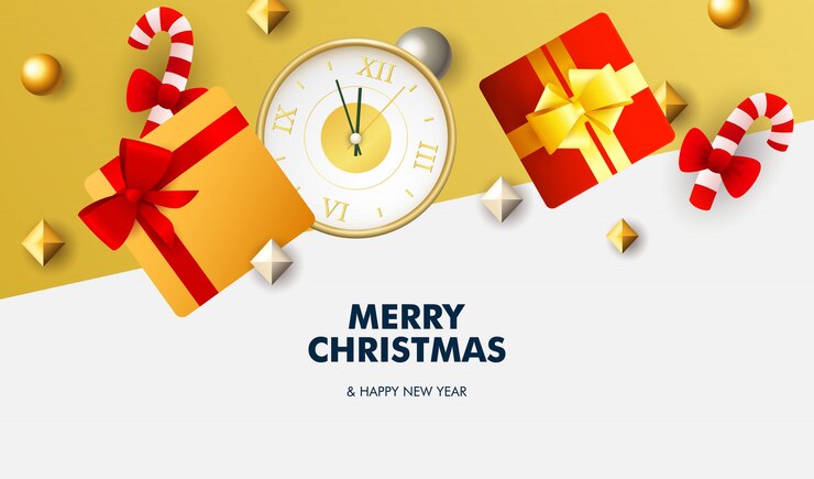 Vecteur gratuit bannière de joyeux noël avec des cadeaux sur fond blanc et jaune