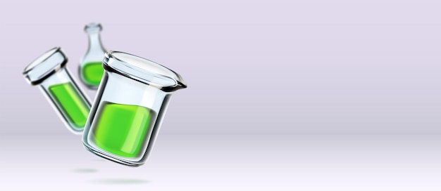 Vecteur gratuit bannière de laboratoire médical avec des flacons isolés sur le fond illustration vectorielle réaliste d'un tube à essai en bouteille de verre avec un modèle de présentation de médicament de laboratoire de recherche de substances liquides vertes