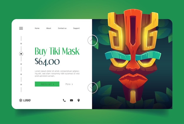 Vecteur gratuit bannière de magasin de masques tiki avec totem tribal hawaïen. page de destination vectorielle avec illustration de dessin animé du visage de dieu en bois polynésien traditionnel. site publicitaire avec masques tikki