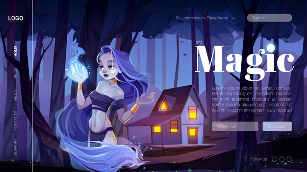 Bannière magique avec une fille mystique tenir le feu bleu à portée de main dans la forêt de nuit.
