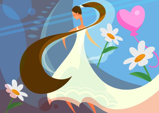 Bannière de mariage avec la mariée tenant une fleur. conception de carte postale en style cartoon.