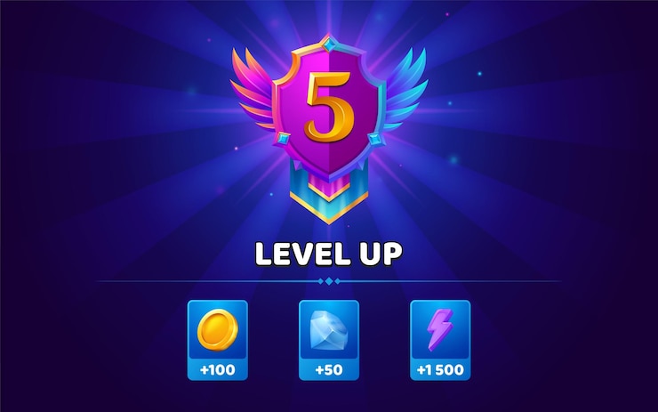 Vecteur gratuit bannière de niveau supérieur avec bouclier et bonus pour l'interface utilisateur du jeu