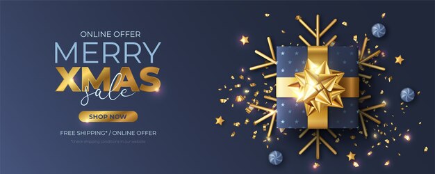 Bannière de Noël avec un cadeau bleu réaliste