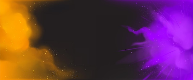 Vecteur gratuit bannière avec des nuages de poudre colorés holi peint un modèle vide de bordure horizontale éclaboussures de couleur orange et violet sur fond noir conception d'explosion de nuage coloré illustration vectorielle 3d réaliste