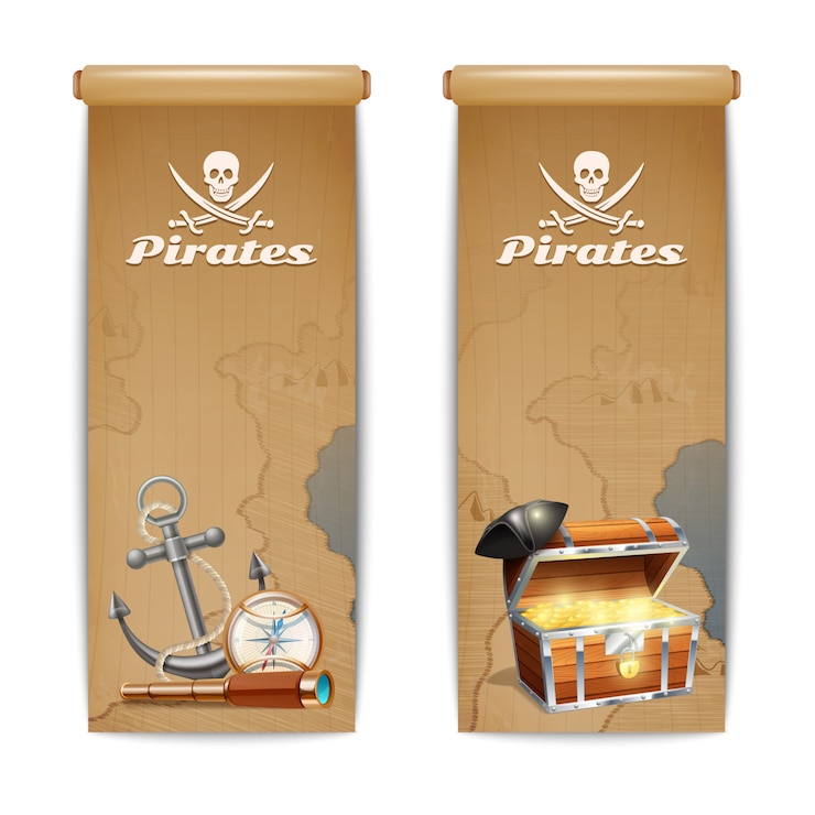 Vecteur gratuit bannière de pirate sertie de symboles de chasse au trésor rétro isolés