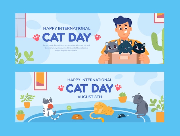Vecteur gratuit bannière plate dessinée à la main de la journée internationale du chat