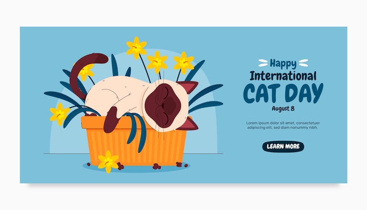 Vecteur gratuit bannière plate dessinée à la main de la journée internationale du chat