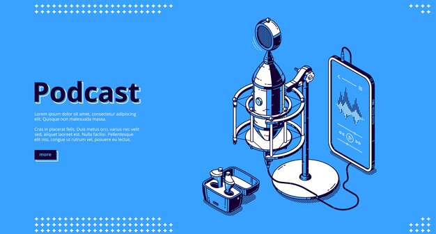 Bannière de podcast. Enregistrez une émission de radio, une interview audio, une conversation en direct. page de destination de l'entreprise de podcasting avec équipement multimédia isométrique, microphone, smartphone et haut-parleurs